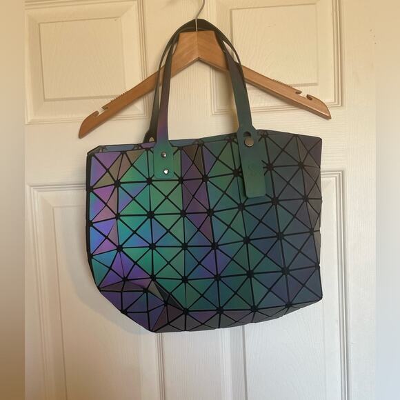 Geometric Holographic Zip Up Y2K Tote Bag W/ Nylon Lining Measures 12in X 14in - Picture 1 of 10